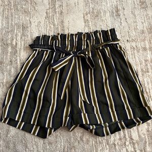 SHEIN Green stripped high waisted paper bag shorts with belt